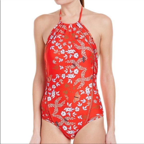 Ted Baker Red Kyoto Floral Butterfly Print One-piece Halter Open Back Swimsuit - Picture 1 of 15
